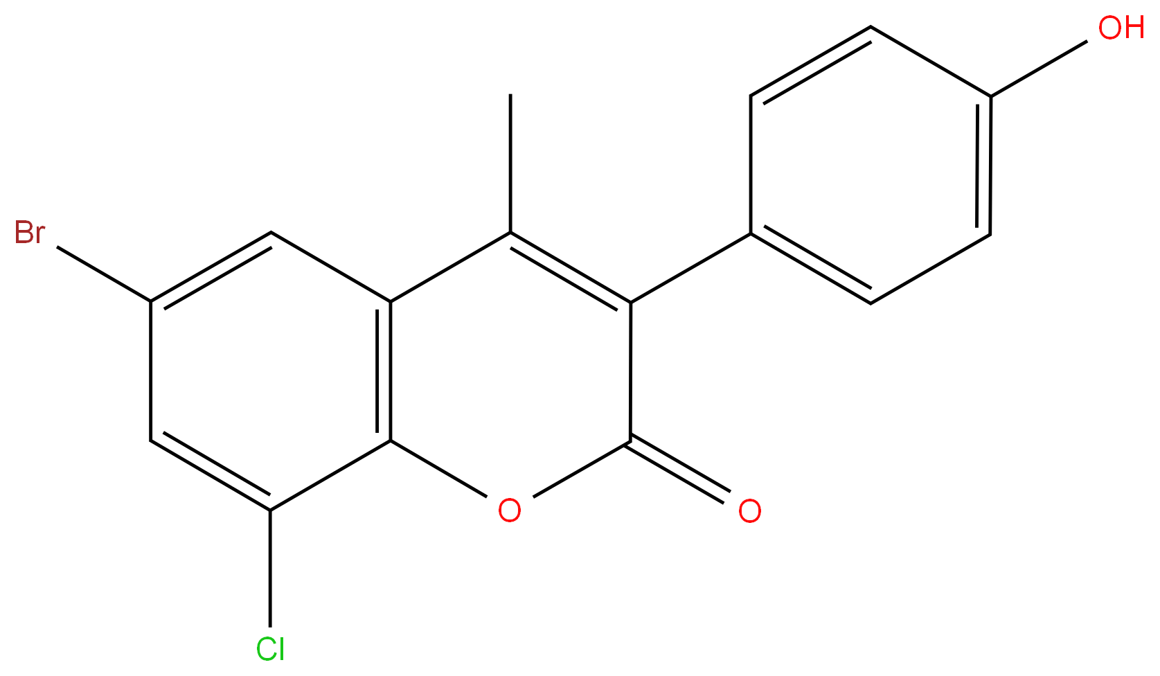 6-Bromo-8-chloro-3(4’-hydroxyphenyl)-4-methylcoumarin 98%