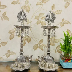 German Silver Big Peacock Samai Pair with Elephant Base (Size - 20 x 6.5 Inch Each) Silver Color