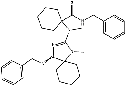 N-benzyl-1-[[4-(benzylimino)-1-methyl-1,3-diazaspiro[4.5]dec-2-en-2-yl](methyl)amino]cyclohexanecarbothioamide Structural
