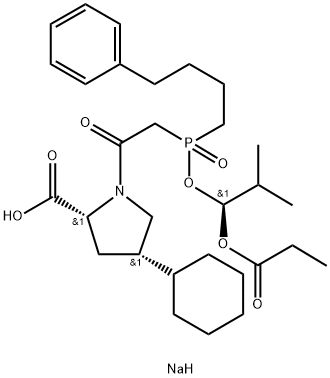 sodium:(2R,4S)-4-cyclohexyl-1-[2-[[(1S)-2-methyl-1-propanoyloxypropoxy]-(4-phenylbutyl)phosphoryl]acetyl]pyrrolidine-2-carboxylate Structural
