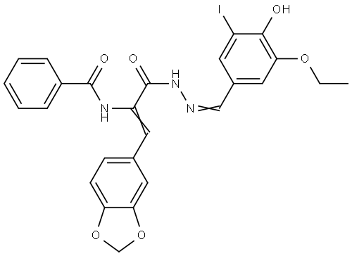 N-{(1E)-1-(1,3-benzodioxol-5-yl)-3-[(2E)-2-(3-ethoxy-4-hydroxy-5-iodobenzylidene)hydrazinyl]-3-oxoprop-1-en-2-yl}benzamide Structural