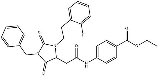 ethyl 4-[({1-benzyl-3-[2-(2-fluorophenyl)ethyl]-5-oxo-2-thioxoimidazolidin-4-yl}acetyl)amino]benzoate Structural