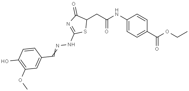 ethyl 4-(2-((E)-2-(((E)-4-hydroxy-3-methoxybenzylidene)hydrazono)-4-oxothiazolidin-5-yl)acetamido)benzoate Structural