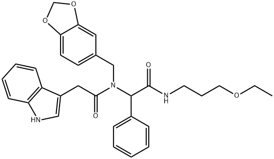 N-(1,3-benzodioxol-5-ylmethyl)-N-{2-[(3-ethoxypropyl)amino]-2-oxo-1-phenylethyl}-2-(1H-indol-3-yl)acetamide Structural