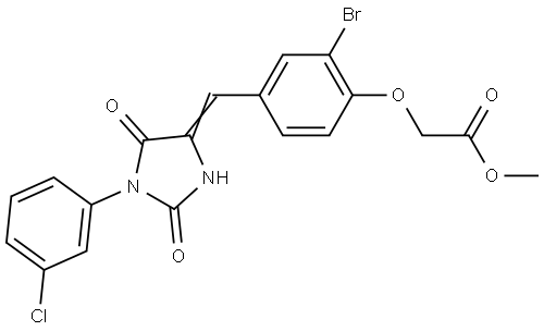 methyl (2-bromo-4-{(E)-[1-(3-chlorophenyl)-2,5-dioxoimidazolidin-4-ylidene]methyl}phenoxy)acetate Structural