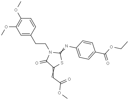 ethyl 4-{[(2Z,5E)-3-[2-(3,4-dimethoxyphenyl)ethyl]-5-(2-methoxy-2-oxoethylidene)-4-oxo-1,3-thiazolidin-2-ylidene]amino}benzoate Structural