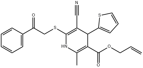 allyl 5-cyano-2-methyl-6-((2-oxo-2-phenylethyl)thio)-4-(thiophen-2-yl)-1,4-dihydropyridine-3-carboxylate Structural