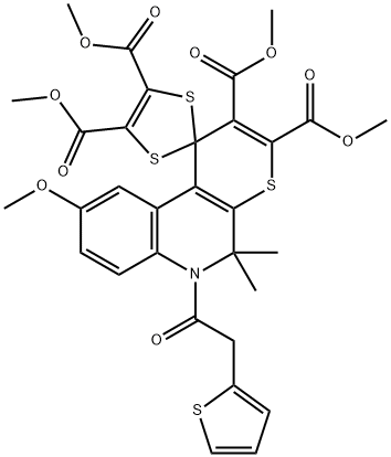 tetramethyl 9'-methoxy-5',5'-dimethyl-6'-(thiophen-2-ylacetyl)-5',6'-dihydrospiro[1,3-dithiole-2,1'-thiopyrano[2,3-c]quinoline]-2',3',4,5-tetracarboxylate Structural