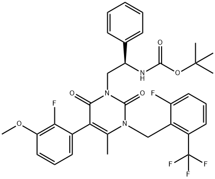 Carbamic acid, N-[(1R)-2-[5-(2-fluoro-3-methoxyphenyl)-3-[[2-fluoro-6-(trifluoromethyl)phenyl]methyl]-3,6-dihydro-4-methyl-2,6-dioxo-1(2H)-pyrimidinyl]-1-phenylethyl]-, 1,1-dimethylethyl ester Structural