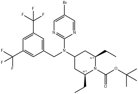 tert-butyl(2S,4r,6R)-4-((3,5-bis(trifluoromethyl)benzyl)(5-bromopyrimidin-2-yl)amino)-2,6-diethylpiperidine-1-carboxylate