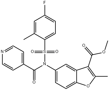 methyl 5-(N-((4-fluoro-2-methylphenyl)sulfonyl)isonicotinamido)-2-methylbenzofuran-3-carboxylate Structural