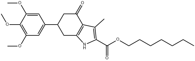 heptyl 3-methyl-4-oxo-6-(3,4,5-trimethoxyphenyl)-4,5,6,7-tetrahydro-1H-indole-2-carboxylate Structural