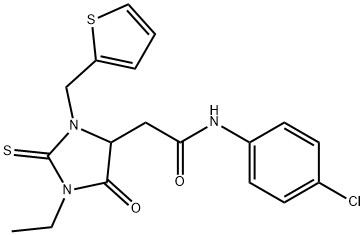 N-(4-chlorophenyl)-2-[1-ethyl-5-oxo-3-(thiophen-2-ylmethyl)-2-thioxoimidazolidin-4-yl]acetamide Structural