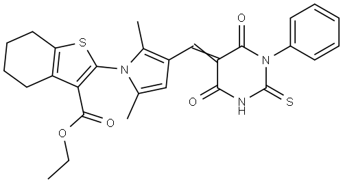 ethyl 2-{3-[(E)-(4,6-dioxo-1-phenyl-2-thioxotetrahydropyrimidin-5(2H)-ylidene)methyl]-2,5-dimethyl-1H-pyrrol-1-yl}-4,5,6,7-tetrahydro-1-benzothiophene-3-carboxylate Structural