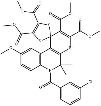 tetramethyl 6'-[(3-chlorophenyl)carbonyl]-9'-methoxy-5',5'-dimethyl-5',6'-dihydrospiro[1,3-dithiole-2,1'-thiopyrano[2,3-c]quinoline]-2',3',4,5-tetracarboxylate Structural