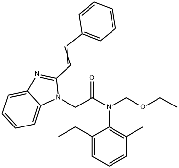 N-Ethoxymethyl-N-(2-ethyl-6-methyl-phenyl)-2-(2-styryl-benzoimidazol-1-yl)-acetamide Structural