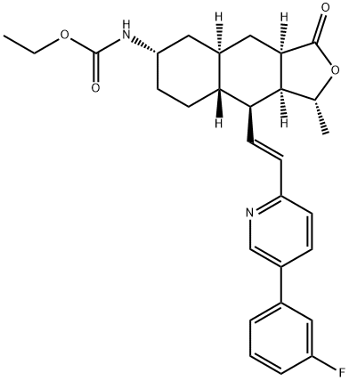 ethyl ((1R,3aR,4aR,6S,8aR,9S,9aS)-9-((E)-2-(5-(3-fluorophenyl)pyridin-2-yl)vinyl)-1-methyl-3-oxododecahydronaphtho[2,3-c]furan-6-yl)carbamate Structural