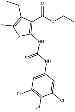 ethyl 2-(3-(3,5-dichloro-4-hydroxyphenyl)thioureido)-4-ethyl-5-methylthiophene-3-carboxylate Structural