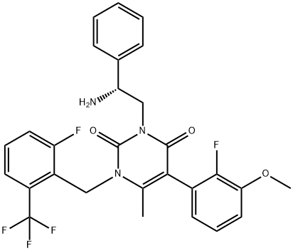 3-[(2R)-2-Amino-2-phenylethyl]-5-(2-fluoro-3-methoxyphenyl)-1-[[2-fluoro-6-(trifluoromethyl)phenyl]methyl]-6-methyl-2,4(1H,3H)-pyrimidinedione Structural