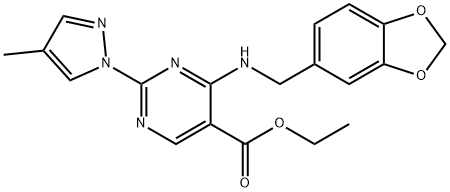 ethyl 6-((benzo[d][1,3]dioxol-5-ylmethyl)imino)-2-(4-methyl-1H-pyrazol-1-yl)-1,6-dihydropyrimidine-5-carboxylate Structural
