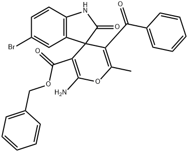 benzyl 2-amino-5'-bromo-5-benzoyl-1',3'-dihydro-6-methyl-2'-oxospiro[4H-pyran-4,3'-2H-indole]-3-carboxylate Structural