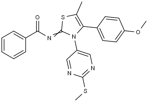 N-(4-(4-methoxyphenyl)-5-methyl-3-[2-(methylsulfanyl)-5-pyrimidinyl]-1,3-thiazol-2(3H)-ylidene)benzamide Structural