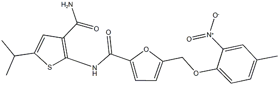 N-[3-(aminocarbonyl)-5-isopropyl-2-thienyl]-5-({2-nitro-4-methylphenoxy}methyl)-2-furamide Structural