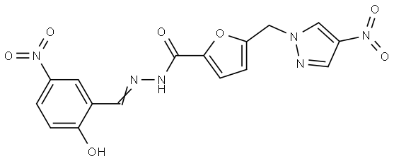 N'-{2-hydroxy-5-nitrobenzylidene}-5-({4-nitro-1H-pyrazol-1-yl}methyl)-2-furohydrazide Structural