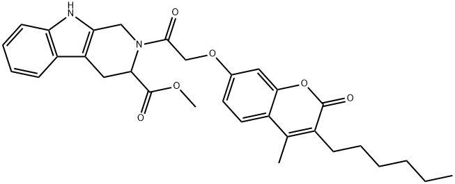 methyl 2-[2-(3-hexyl-4-methyl-2-oxochromen-7-yl)oxyacetyl]-1,3,4,9-tetrahydropyrido[3,4-b]indole-3-carboxylate Structural