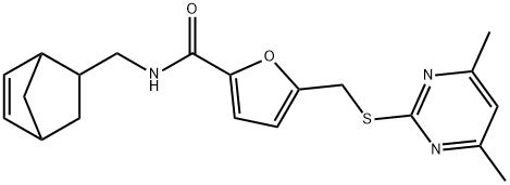 N-(5-bicyclo[2.2.1]hept-2-enylmethyl)-5-[(4,6-dimethylpyrimidin-2-yl)sulfanylmethyl]furan-2-carboxamide Structural