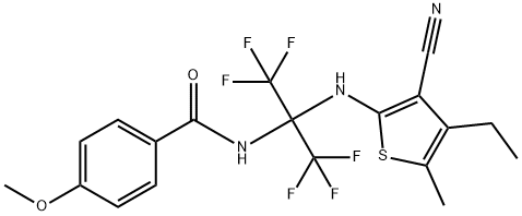N-[2-[(3-cyano-4-ethyl-5-methylthiophen-2-yl)amino]-1,1,1,3,3,3-hexafluoropropan-2-yl]-4-methoxybenzamide Structural
