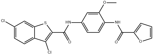 N-[4-[(3,6-dichloro-1-benzothiophene-2-carbonyl)amino]-2-methoxyphenyl]furan-2-carboxamide Structural