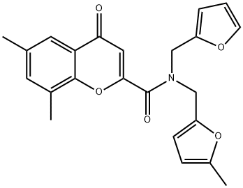 N-(furan-2-ylmethyl)-6,8-dimethyl-N-[(5-methylfuran-2-yl)methyl]-4-oxochromene-2-carboxamide Structural