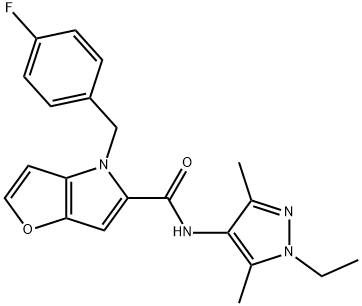 N-(1-ethyl-3,5-dimethylpyrazol-4-yl)-4-[(4-fluorophenyl)methyl]furo[3,2-b]pyrrole-5-carboxamide Structural