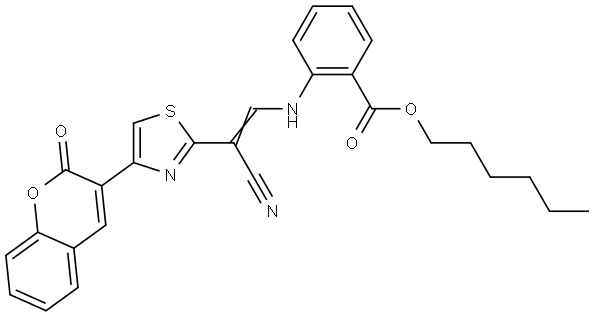 hexyl 2-[[(E)-2-cyano-2-[4-(2-oxochromen-3-yl)-1,3-thiazol-2-yl]ethenyl]amino]benzoate Structural