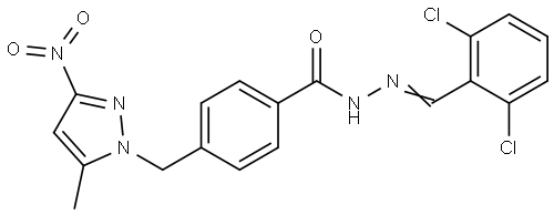 N-[(E)-(2,6-dichlorophenyl)methylideneamino]-4-[(5-methyl-3-nitropyrazol-1-yl)methyl]benzamide Structural