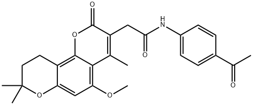 N-(4-acetylphenyl)-2-(5-methoxy-4,8,8-trimethyl-2-oxo-9,10-dihydropyrano[2,3-h]chromen-3-yl)acetamide Structural