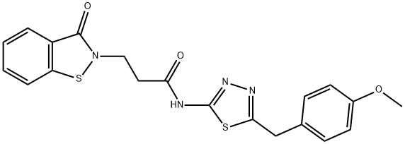 N-[5-[(4-methoxyphenyl)methyl]-1,3,4-thiadiazol-2-yl]-3-(3-oxo-1,2-benzothiazol-2-yl)propanamide Structural