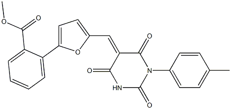 methyl 2-[5-[(E)-[1-(4-methylphenyl)-2,4,6-trioxo-1,3-diazinan-5-ylidene]methyl]furan-2-yl]benzoate Structural