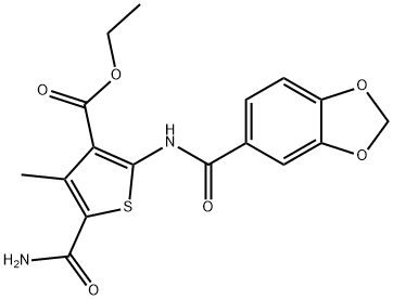 ethyl 2-(1,3-benzodioxole-5-carbonylamino)-5-carbamoyl-4-methylthiophene-3-carboxylate Structural