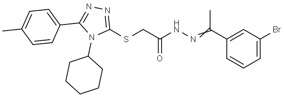 N-[(E)-1-(3-bromophenyl)ethylideneamino]-2-[[4-cyclohexyl-5-(4-methylphenyl)-1,2,4-triazol-3-yl]sulfanyl]acetamide Structural