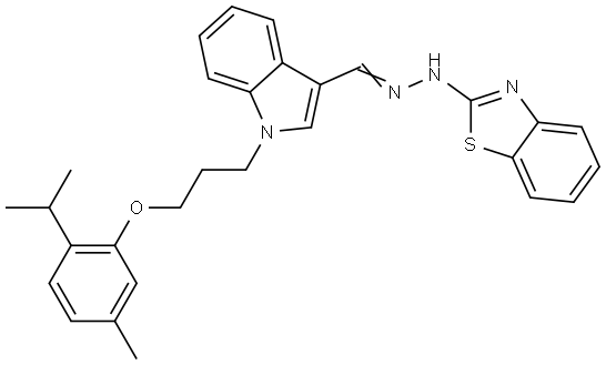 N-[(E)-[1-[3-(5-methyl-2-propan-2-ylphenoxy)propyl]indol-3-yl]methylideneamino]-1,3-benzothiazol-2-amine Structural