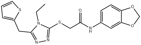 N-(1,3-benzodioxol-5-yl)-2-[[4-ethyl-5-(thiophen-2-ylmethyl)-1,2,4-triazol-3-yl]sulfanyl]acetamide Structural