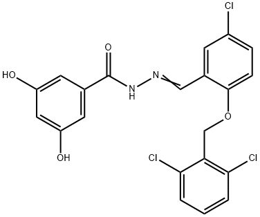 N-[(E)-[5-chloro-2-[(2,6-dichlorophenyl)methoxy]phenyl]methylideneamino]-3,5-dihydroxybenzamide Structural