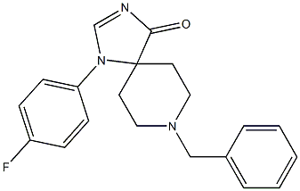 8-Benzyl-1-(4-fluoro-phenyl)-1,3,8-triaza-spiro[4.5]dec-2-en-4-one Structural