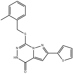 Pyrazolo[1,5-d][1,2,4]triazin-4(5H)-one, 7-[[(2-methylphenyl)methyl]thio]-2-(2-thienyl)- Structural