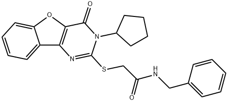 Acetamide, 2-[(3-cyclopentyl-3,4-dihydro-4-oxobenzofuro[3,2-d]pyrimidin-2-yl)thio]-N-(phenylmethyl)- Structural