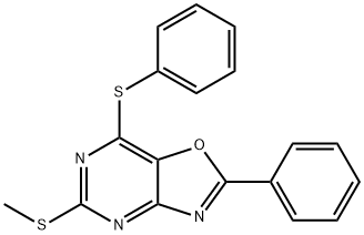 Oxazolo[4,5-d]pyrimidine, 5-(methylthio)-2-phenyl-7-(phenylthio)- Structural