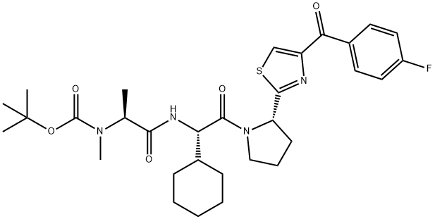 Carbamic acid, N-?[(1S)?-?2-?[[(1S)?-?1-?cyclohexyl-?2-?[(2S)?-?2-?[4-?(4-?fluorobenzoyl)?-?2-?thiazolyl]?-?1-?pyrrolidinyl]?-?2-?oxoethyl]?amino]?-?1-?methyl-?2-?oxoethyl]?-?N-?methyl-?, 1,?1-?dimethylethyl ester Structural