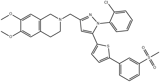 Isoquinoline, 2-[[1-(2-chlorophenyl)-5-[5-[3-(methylsulfonyl)phenyl]-2-thienyl]-1H-pyrazol-3-yl]methyl]-1,2,3,4-tetrahydro-6,7-dimethoxy- Structural